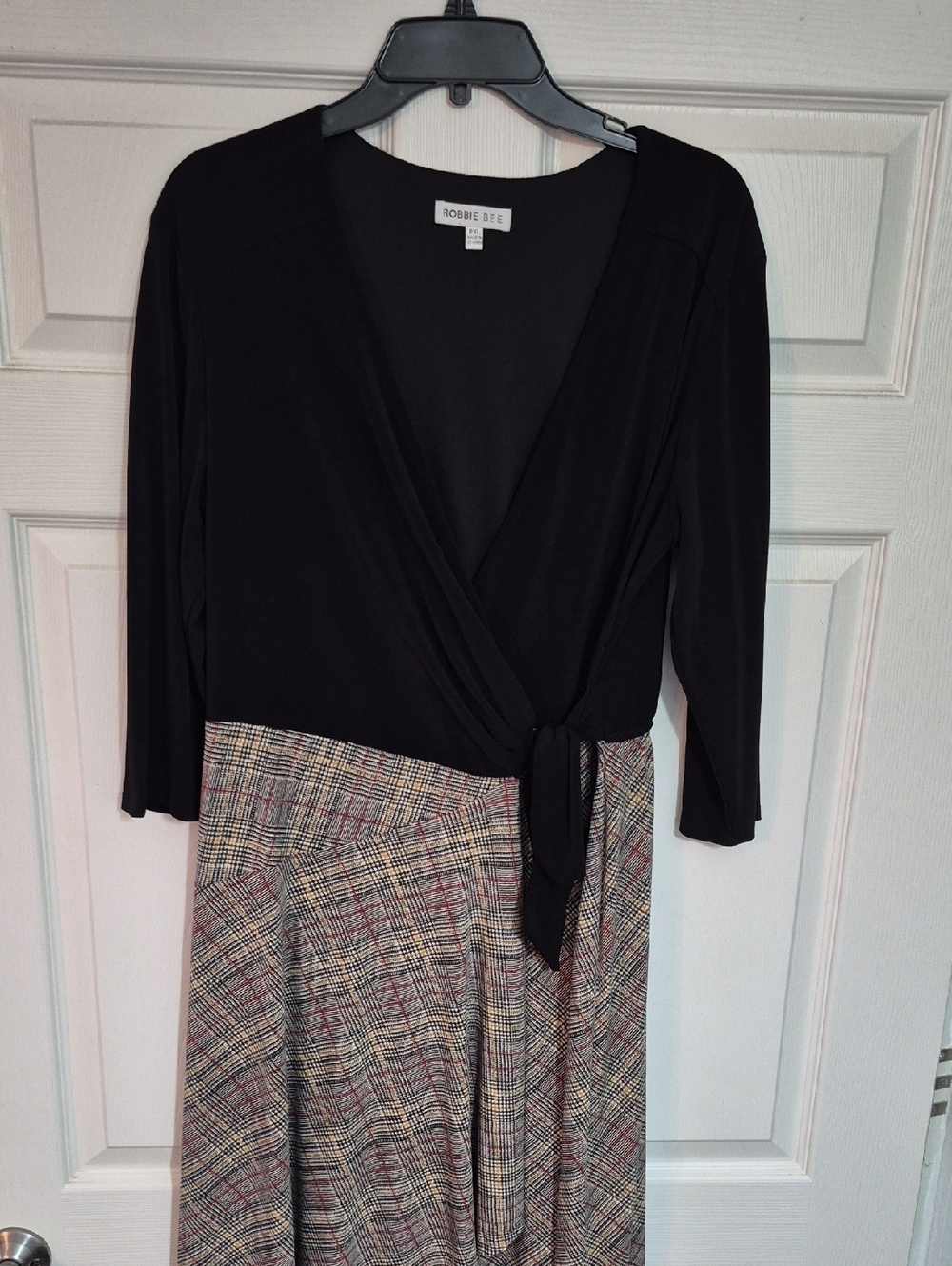 Robbie Bee Black Wrap Dress with Plaid Midi Skirt